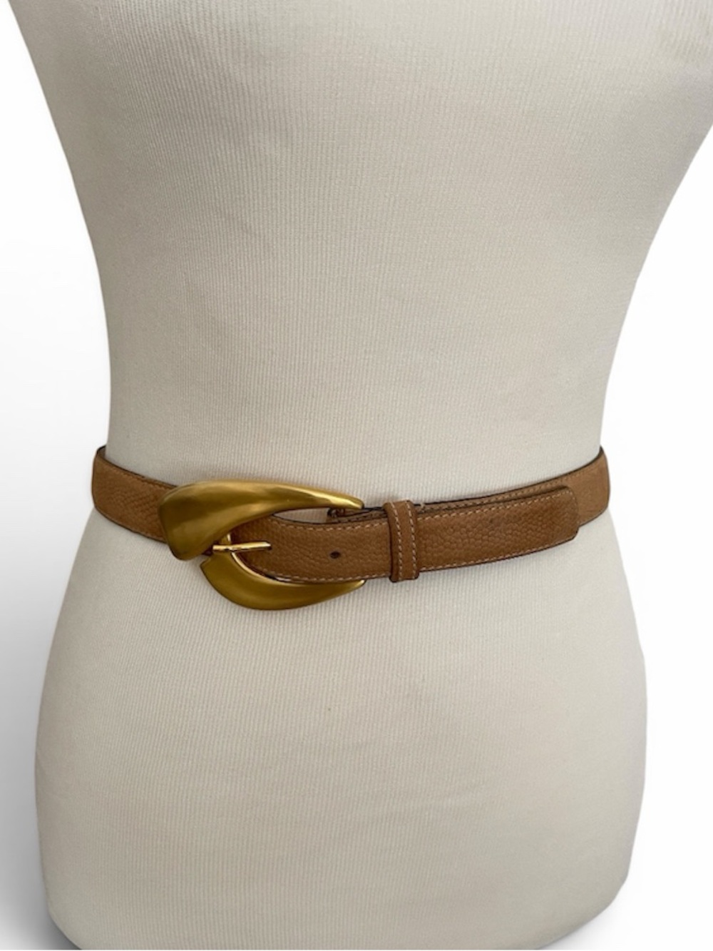 Leather Shop Waist Leather Belt with Gold Sculpted Buckle - Tan- Made USA